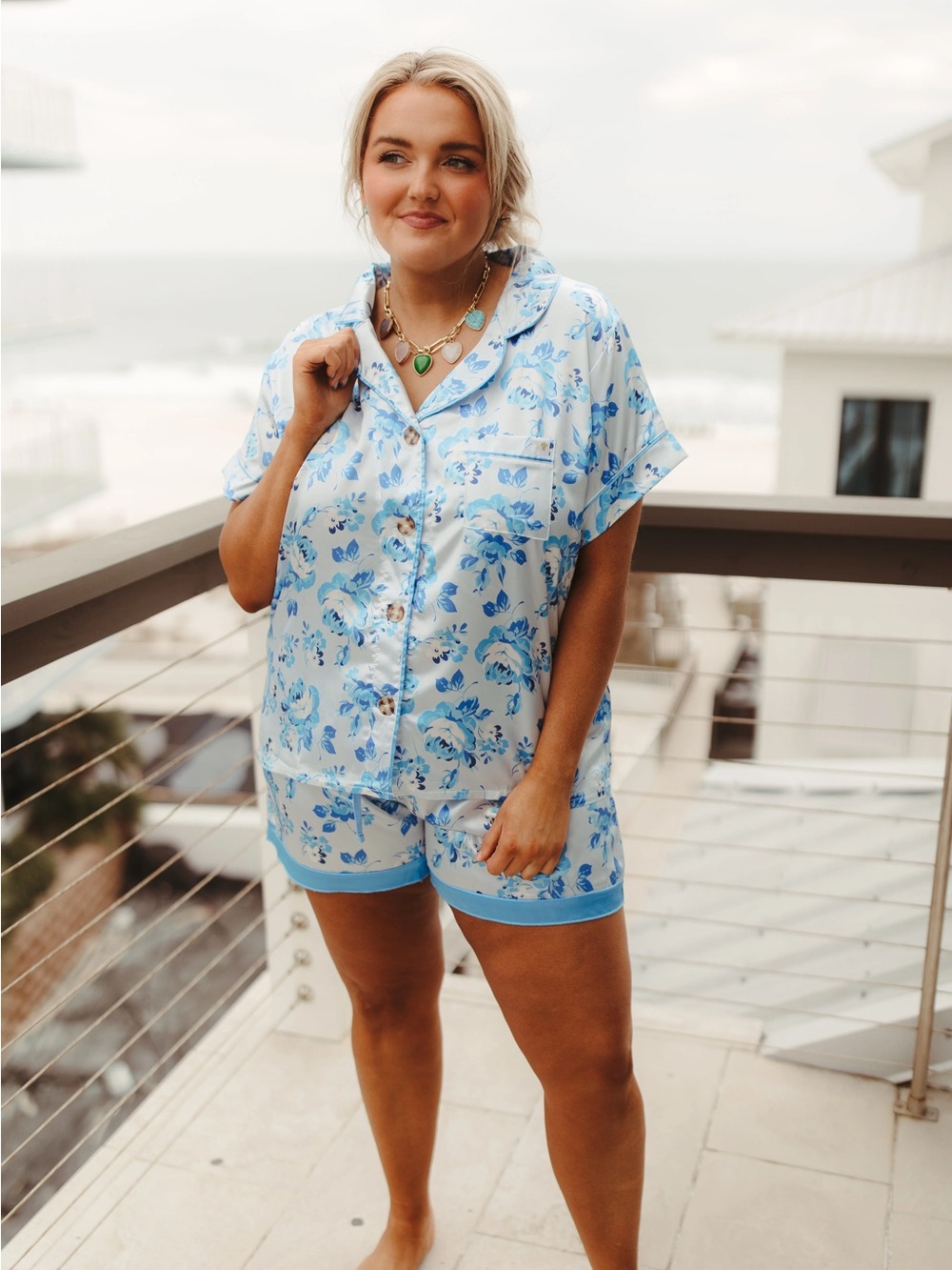Simply Southern Satin Light Blue and Blue Floral Short-Sleeve Pajama Set